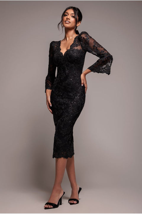 Sequin Scallop Lace Midi Dress - Black by Goddiva