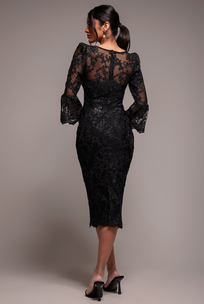 Sequin Scallop Lace Midi Dress - Black DR3960