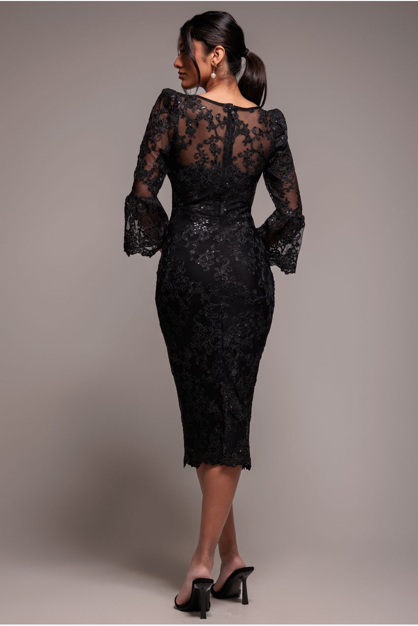 Sequin Scallop Lace Midi Dress - Black DR3960