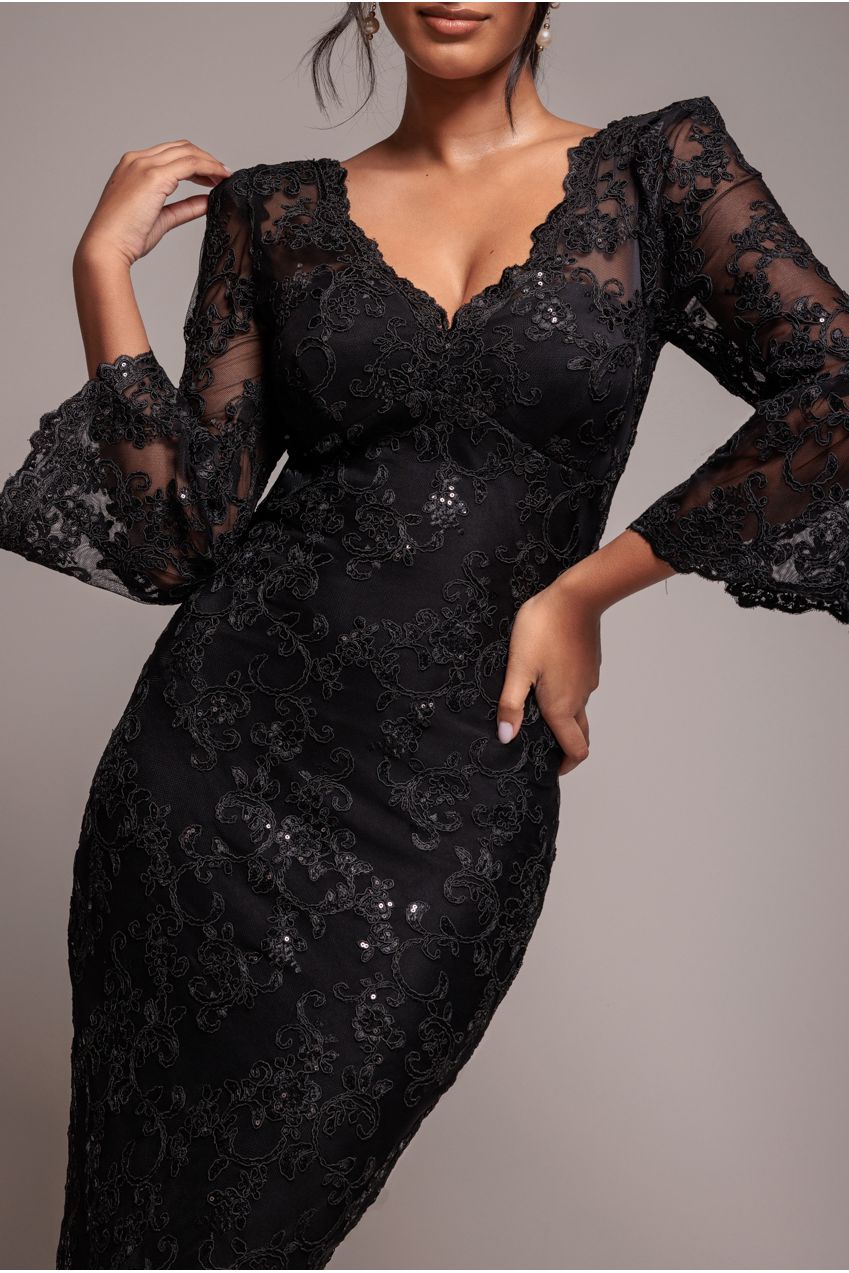 Sequin Scallop Lace Midi Dress - Black DR3960