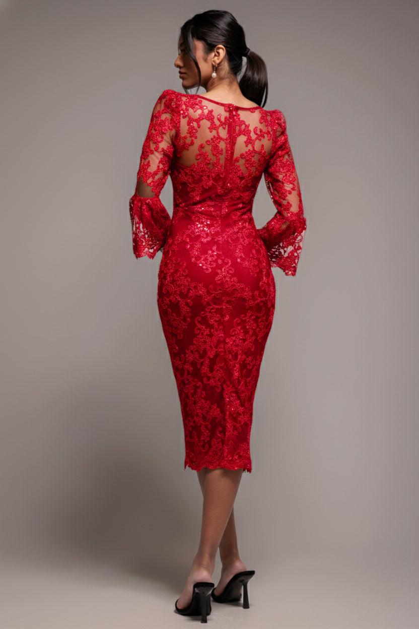 Sequin Scallop Lace Midi Dress - Red DR3960