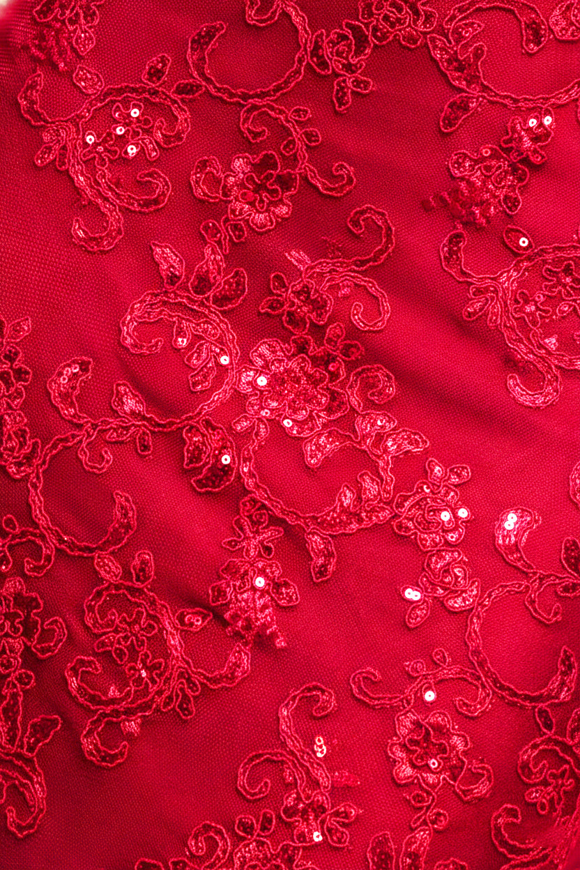 Sequin Scallop Lace Midi Dress - Red DR3960