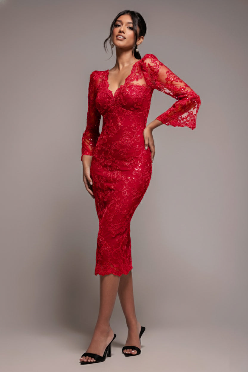 Sequin Scallop Lace Midi Dress - Red DR3960
