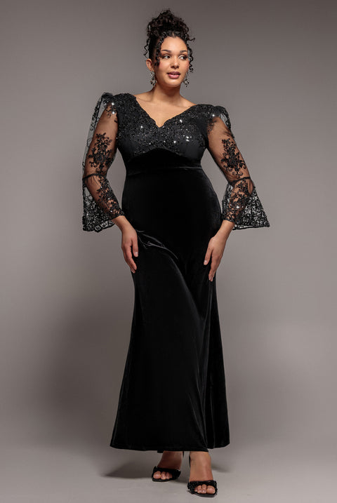 Scalloped Lace & Velvet Maxi Dress - Black by Goddiva Plus