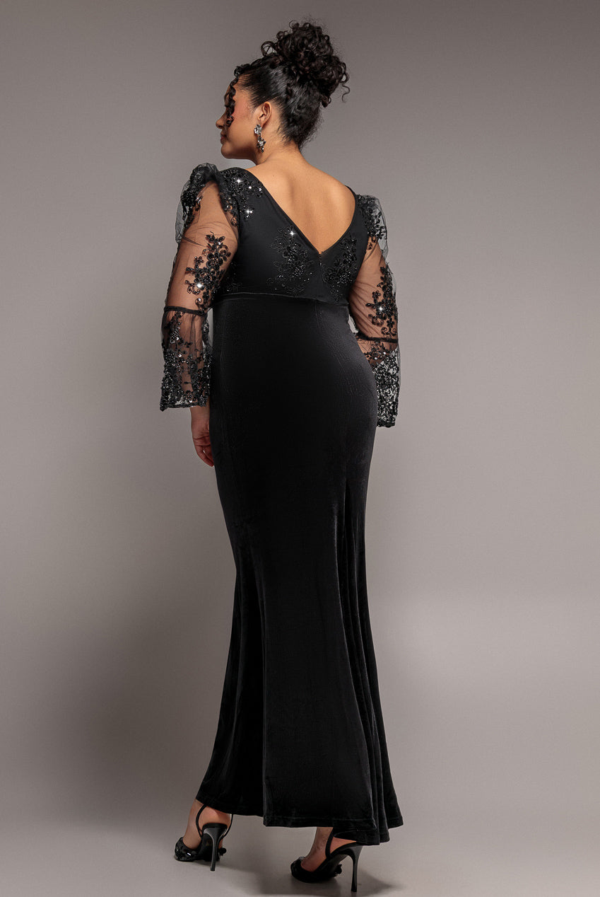 Scalloped Lace & Velvet Maxi Dress - Black DR3972PLUS