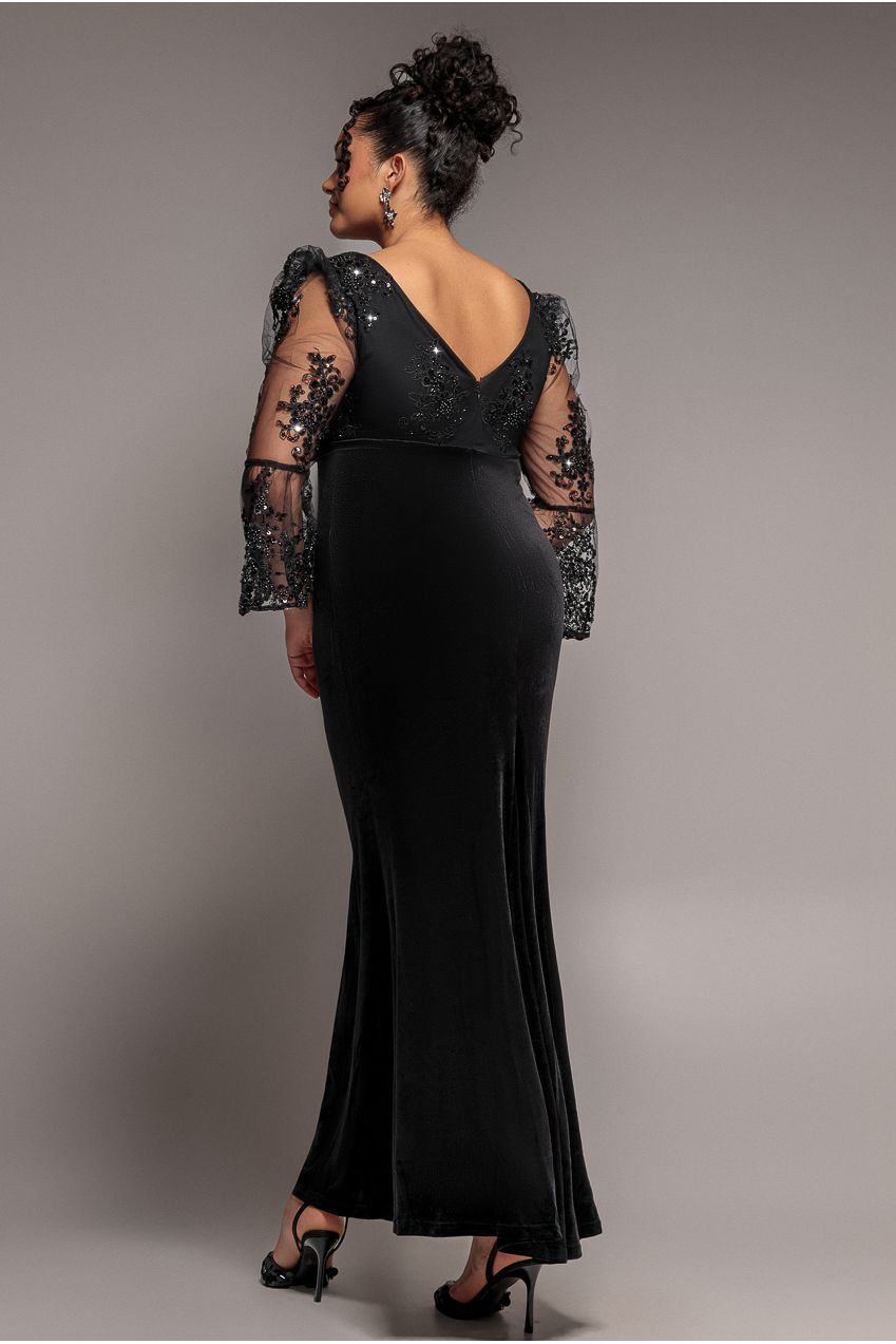 Scalloped Lace & Velvet Maxi Dress - Black DR3972PLUS