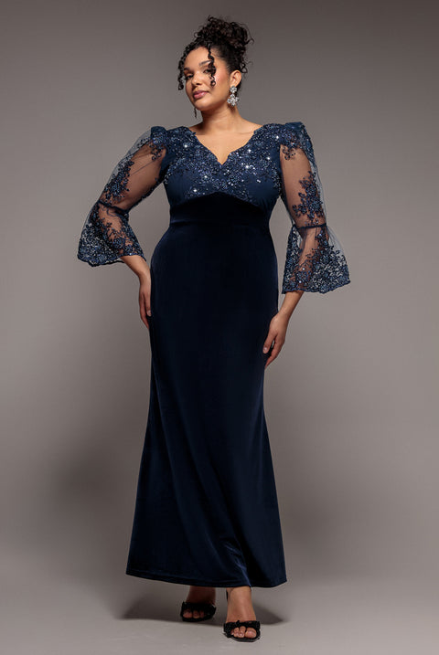 Scalloped Lace & Velvet Maxi Dress - Navy by Goddiva Plus
