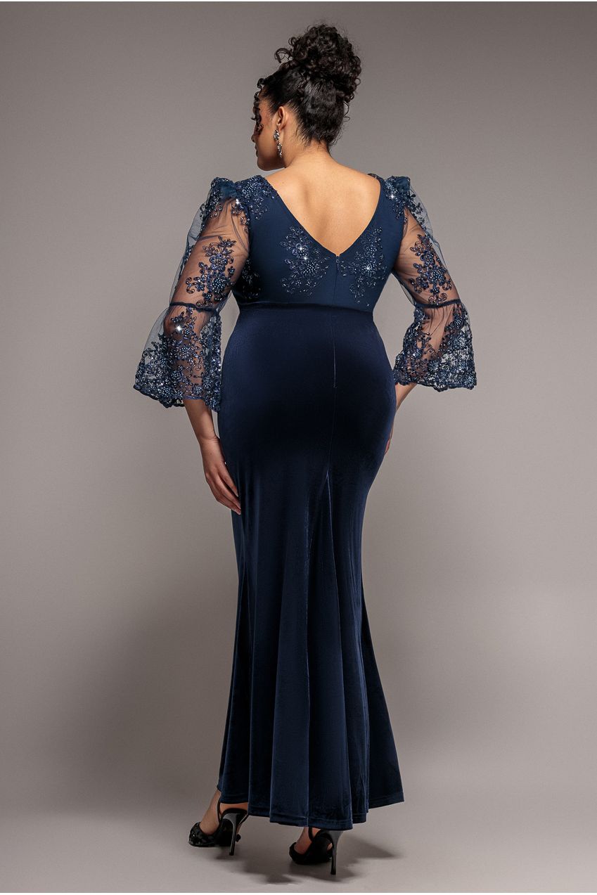 Scalloped Lace & Velvet Maxi Dress - Navy DR3972PLUS