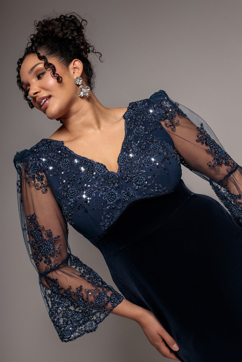 Scalloped Lace & Velvet Maxi Dress - Navy DR3972PLUS