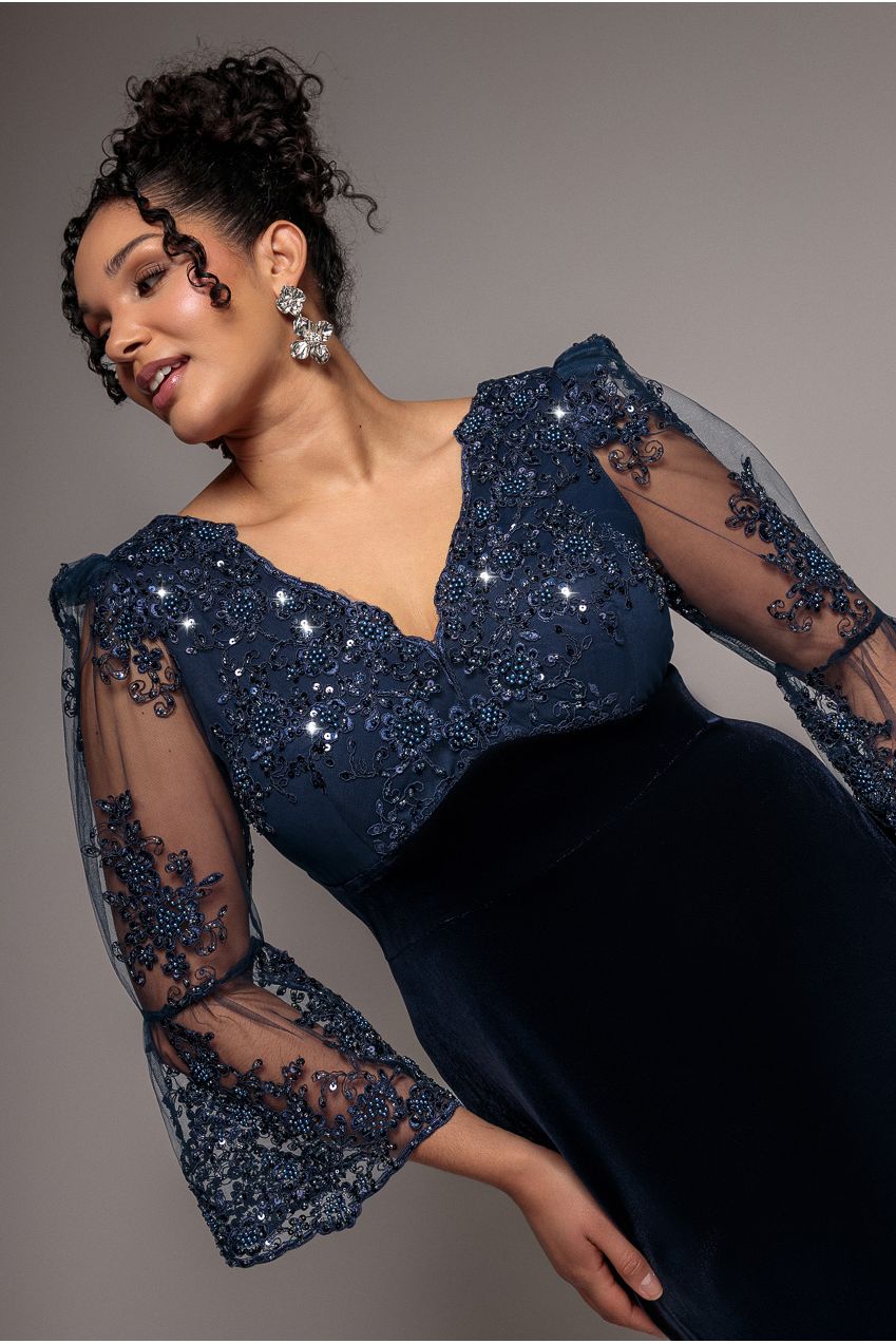 Scalloped Lace & Velvet Maxi Dress - Navy DR3972PLUS