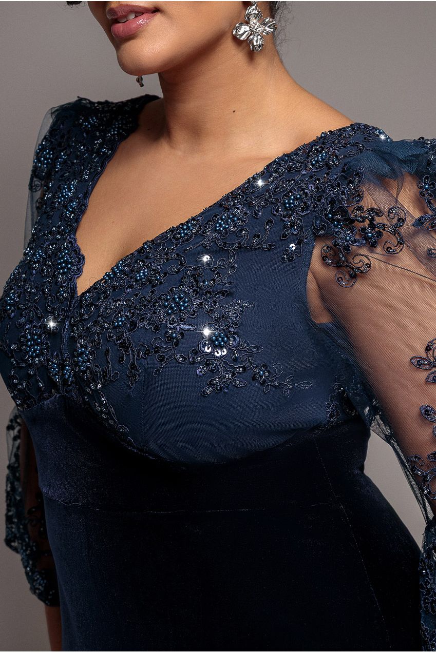 Scalloped Lace & Velvet Maxi Dress - Navy DR3972PLUS