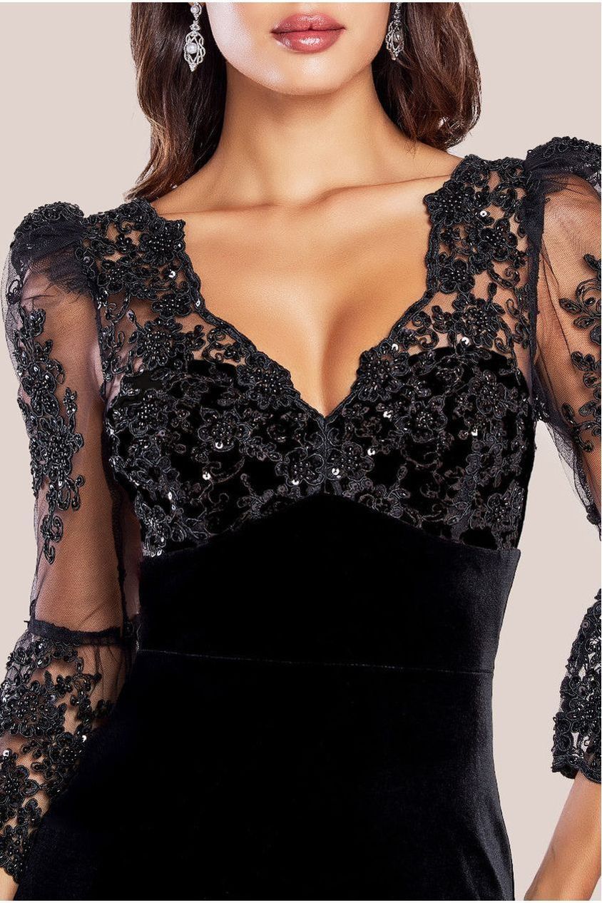 Scalloped Lace & Velvet Maxi Dress - Solid Black DR3972