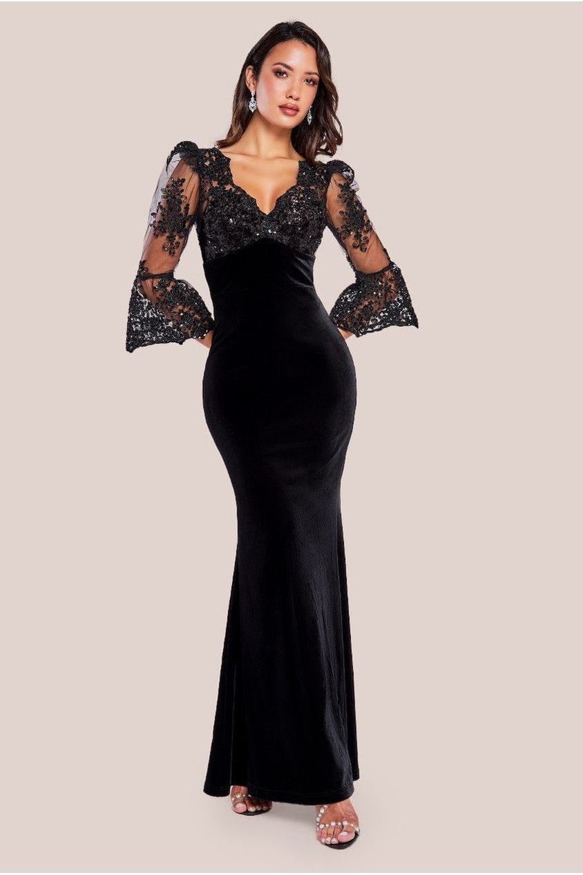 Scalloped Lace & Velvet Maxi Dress - Solid Black DR3972