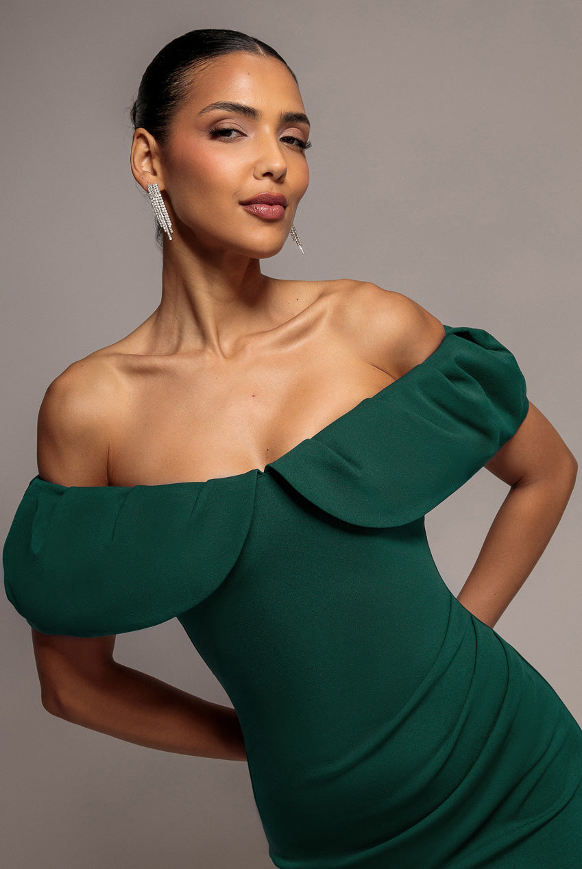 Scuba Crepe Pleated Bardot Midi Dress - Emerald Green DR3980