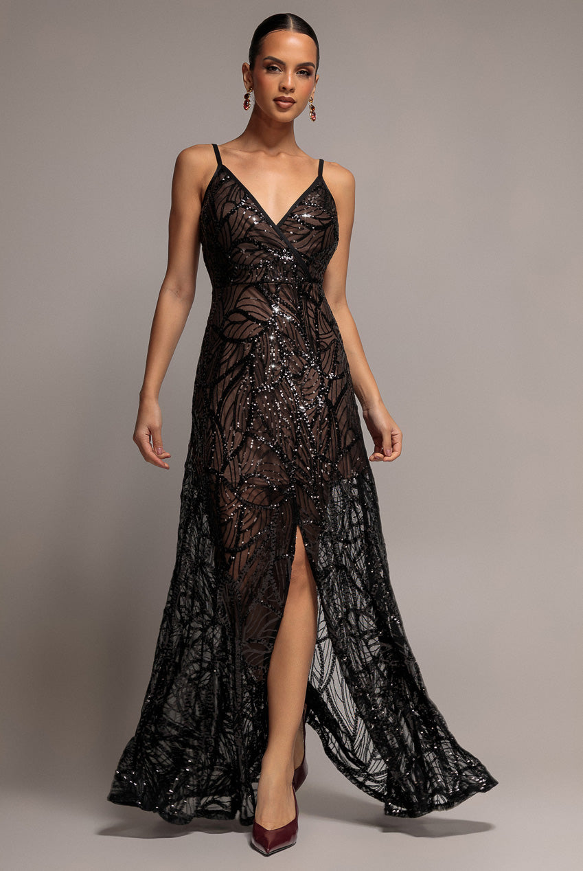 Iridescent Sequin Maxi With Front Split - Black DR3986