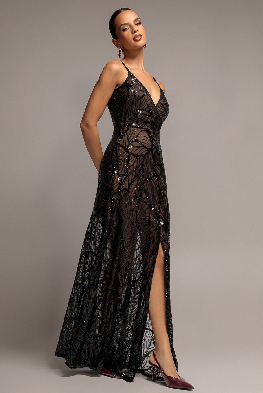 Iridescent Sequin Maxi With Front Split - Black DR3986