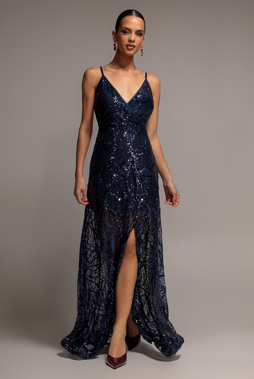 Ornamental Patterned Iridescent Sequin Maxi With Front Split - Navy Blue DR3986