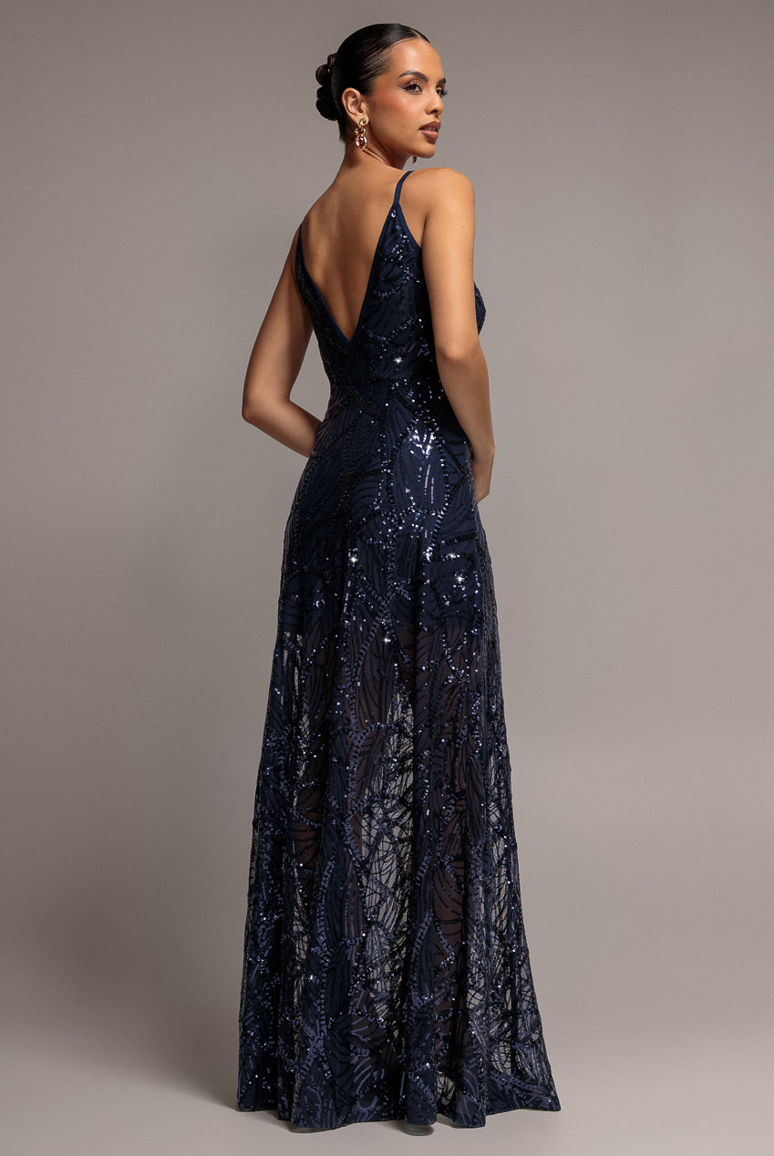Ornamental Patterned Iridescent Sequin Maxi With Front Split - Navy Blue DR3986