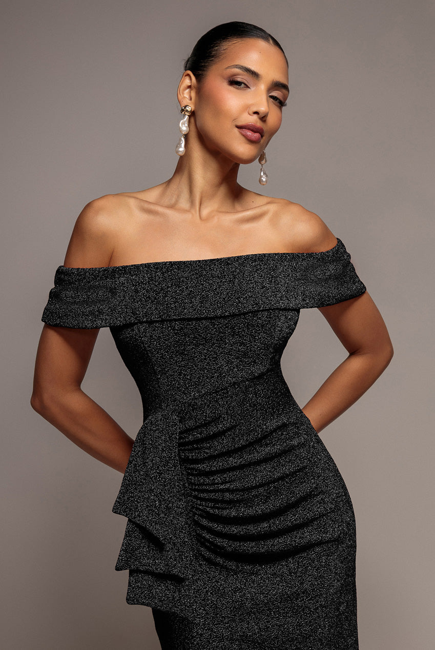 Sparkle Bardot Maxi With Waterfall Ruffle - Black DR3998