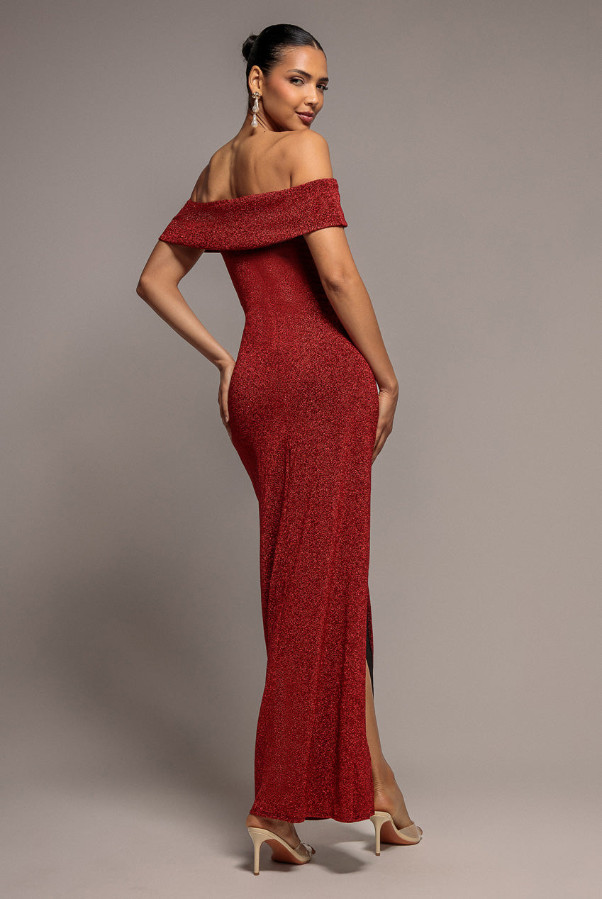Sparkle Bardot Maxi With Waterfall Ruffle - Red DR3998