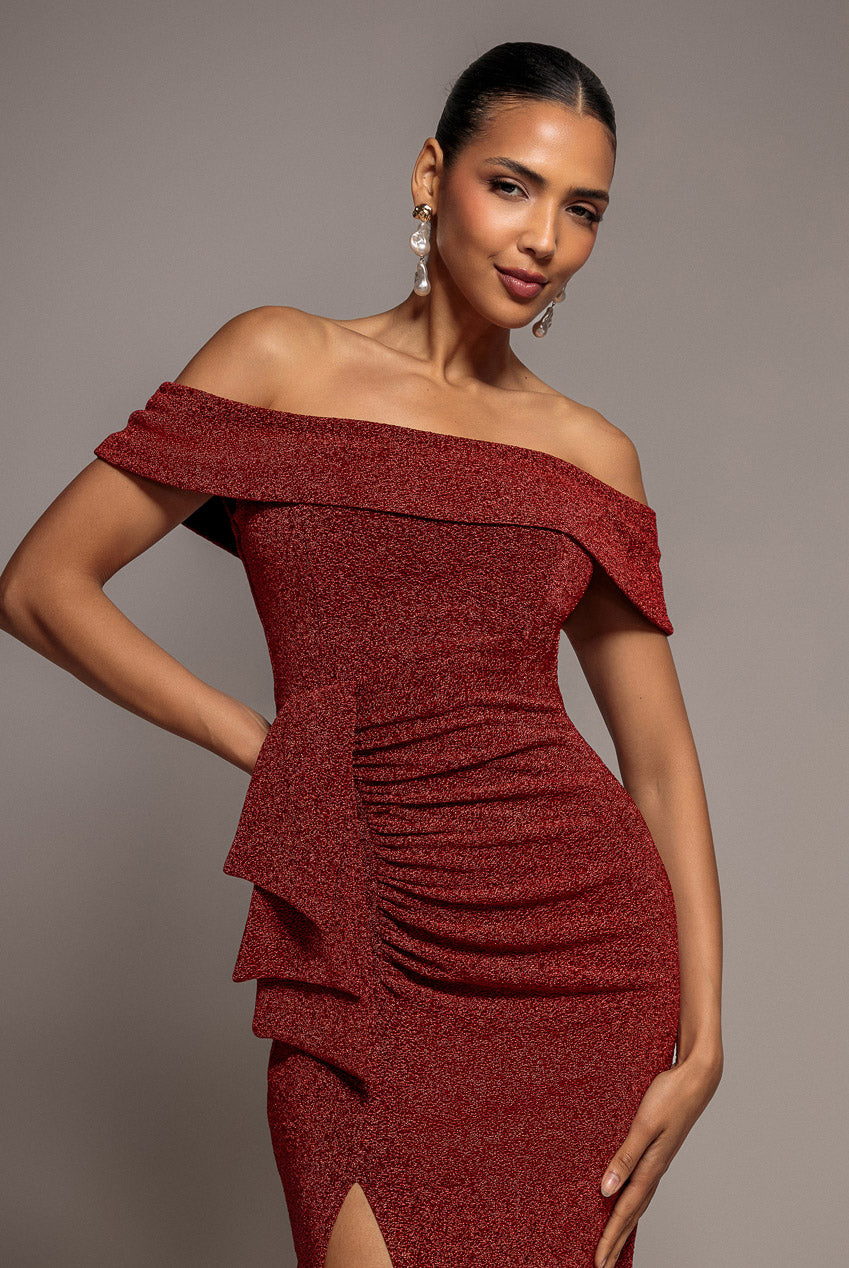Sparkle Bardot Maxi With Waterfall Ruffle - Red DR3998