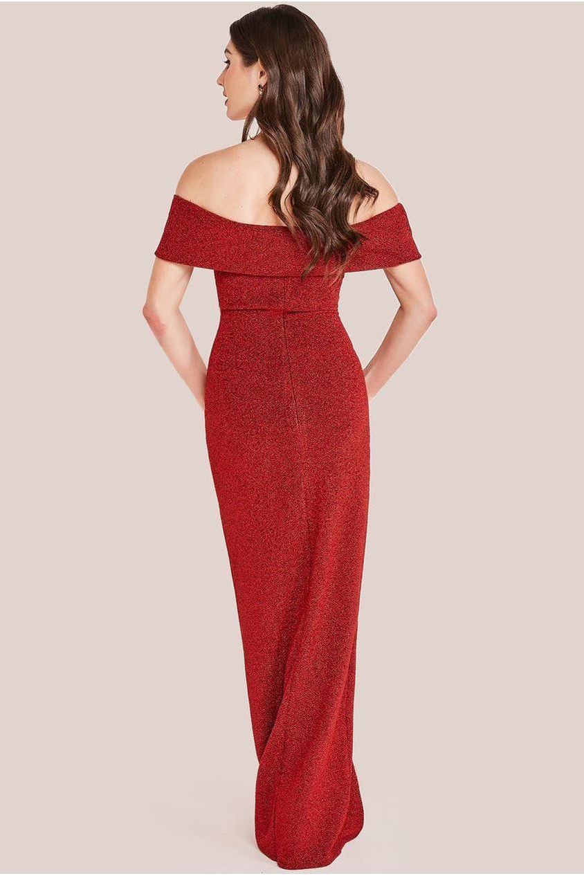 Sparkle Bardot Maxi With Waterfall Ruffle - Red DR3998
