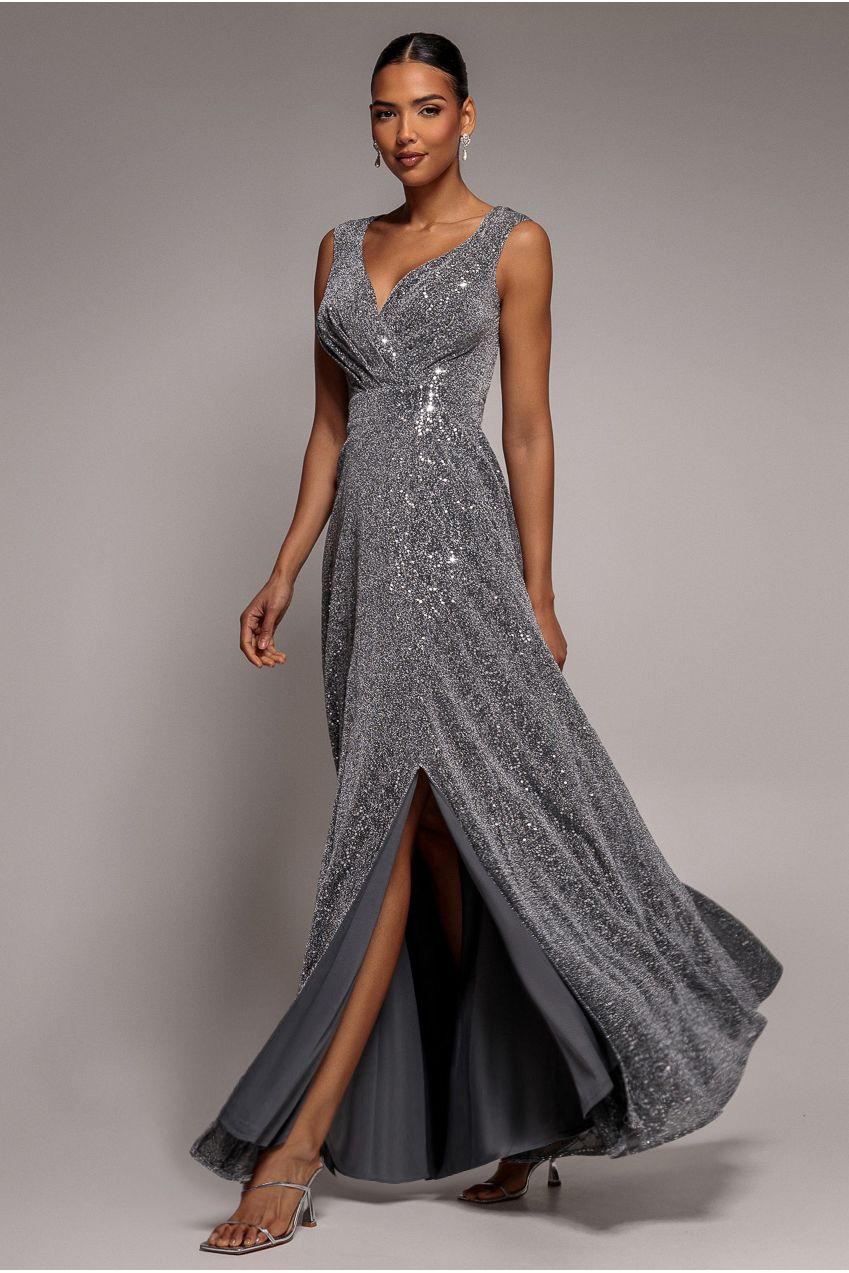 Wrap Glitter Lurex Sleeveless Maxi Dress - Silver DR3999QZ