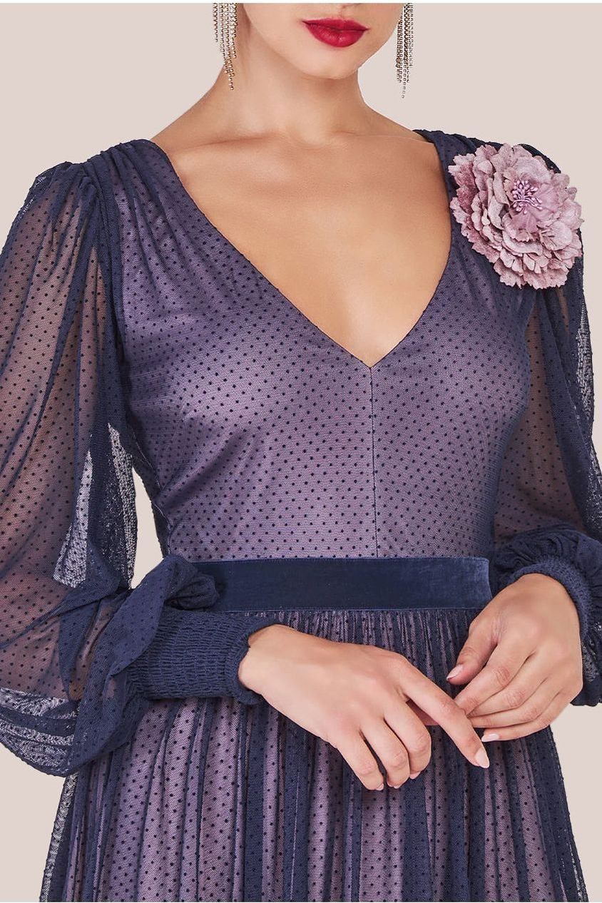 Corsage V-Neck Dobby Mesh Maxi - Blue DR4001