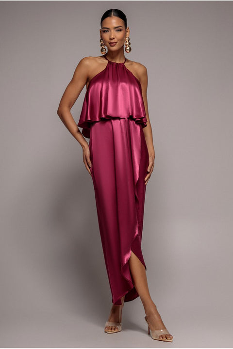 Satin Viscose Front Wrap Midaxi Dress - Burgundy by Goddiva