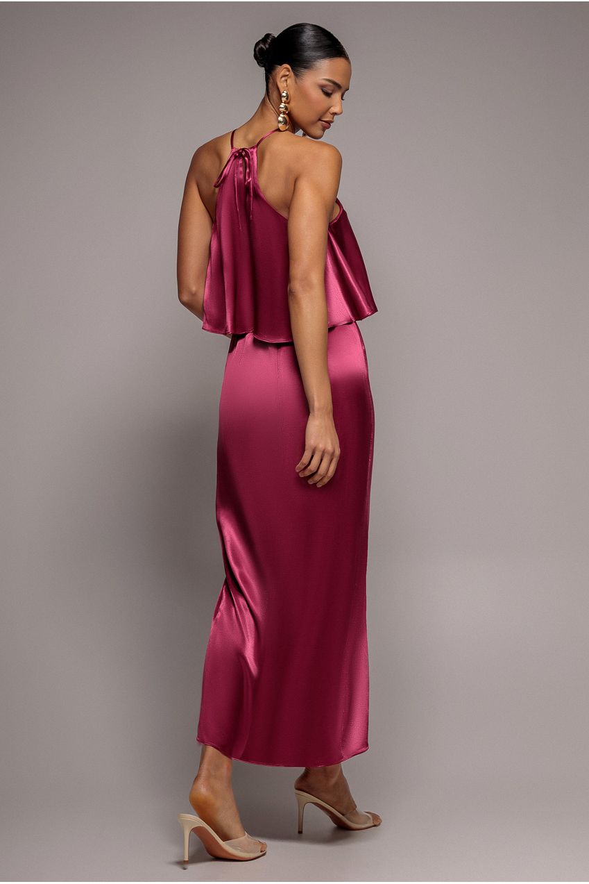 Satin Viscose Front Wrap Midaxi Dress - Burgundy DR4002