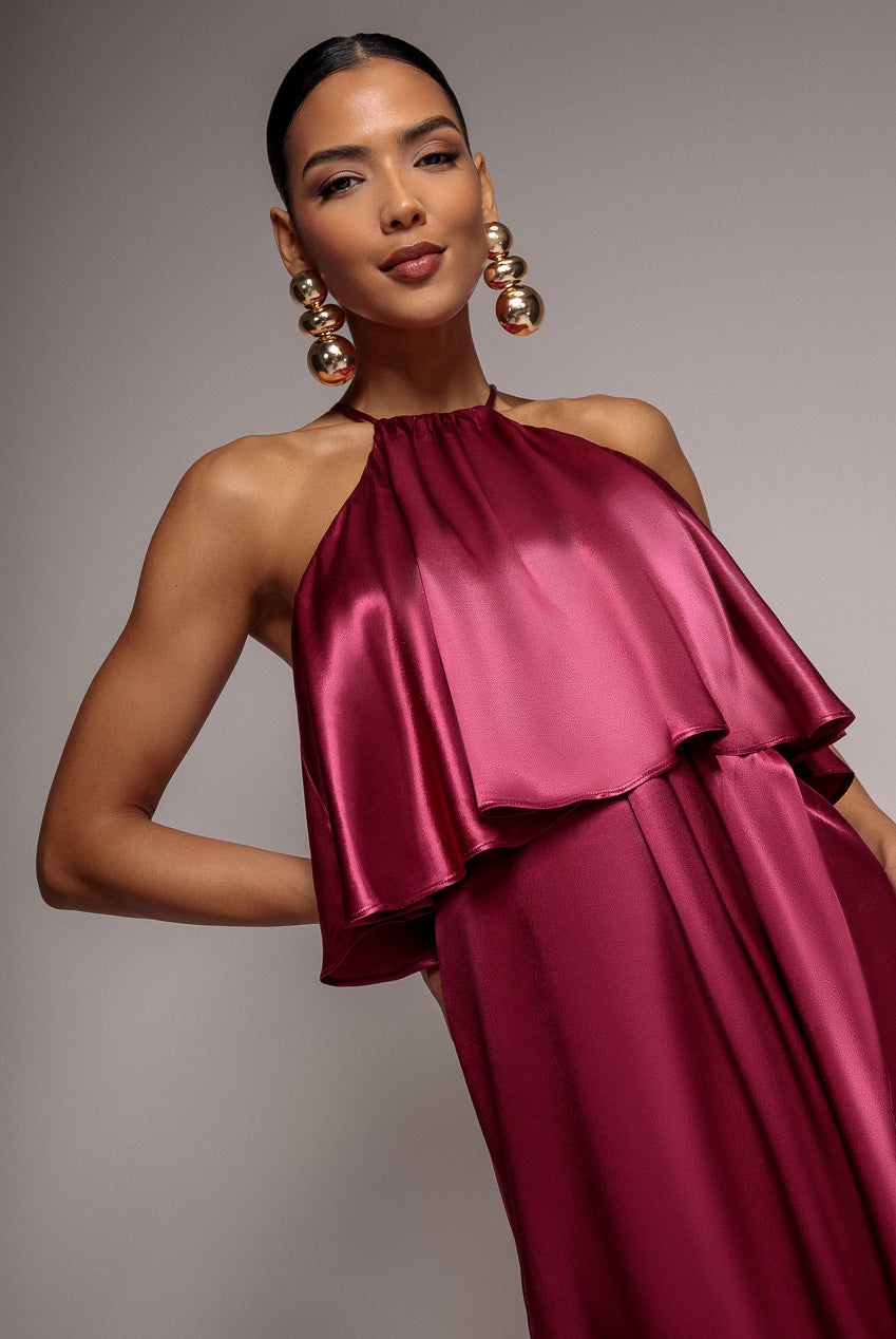 Satin Viscose Front Wrap Midaxi Dress - Burgundy DR4002