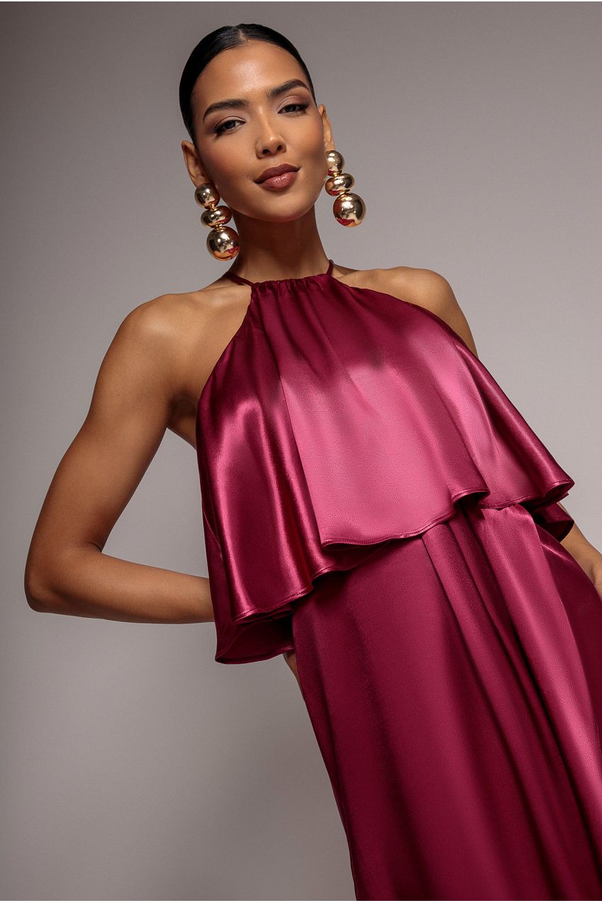 Satin Viscose Front Wrap Midaxi Dress - Burgundy DR4002