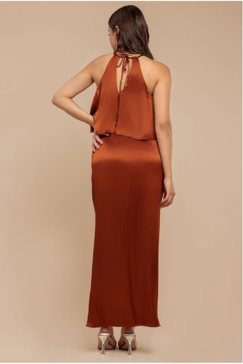 Satin Viscose Front Wrap Midaxi Dress - Brown DR4002