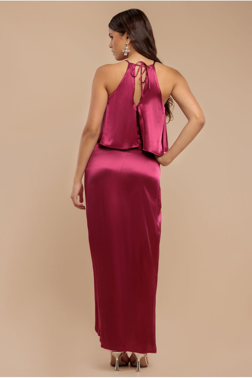 Satin Viscose Front Wrap Midaxi Dress - Burgundy DR4002