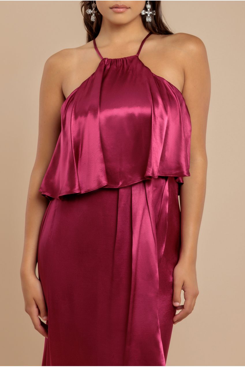 Satin Viscose Front Wrap Midaxi Dress - Burgundy DR4002