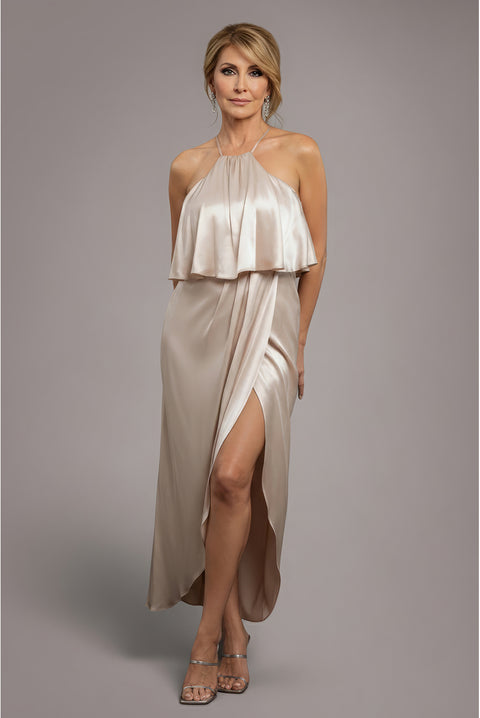 Satin Viscose Front Wrap Midaxi Dress - Champagne by Goddiva