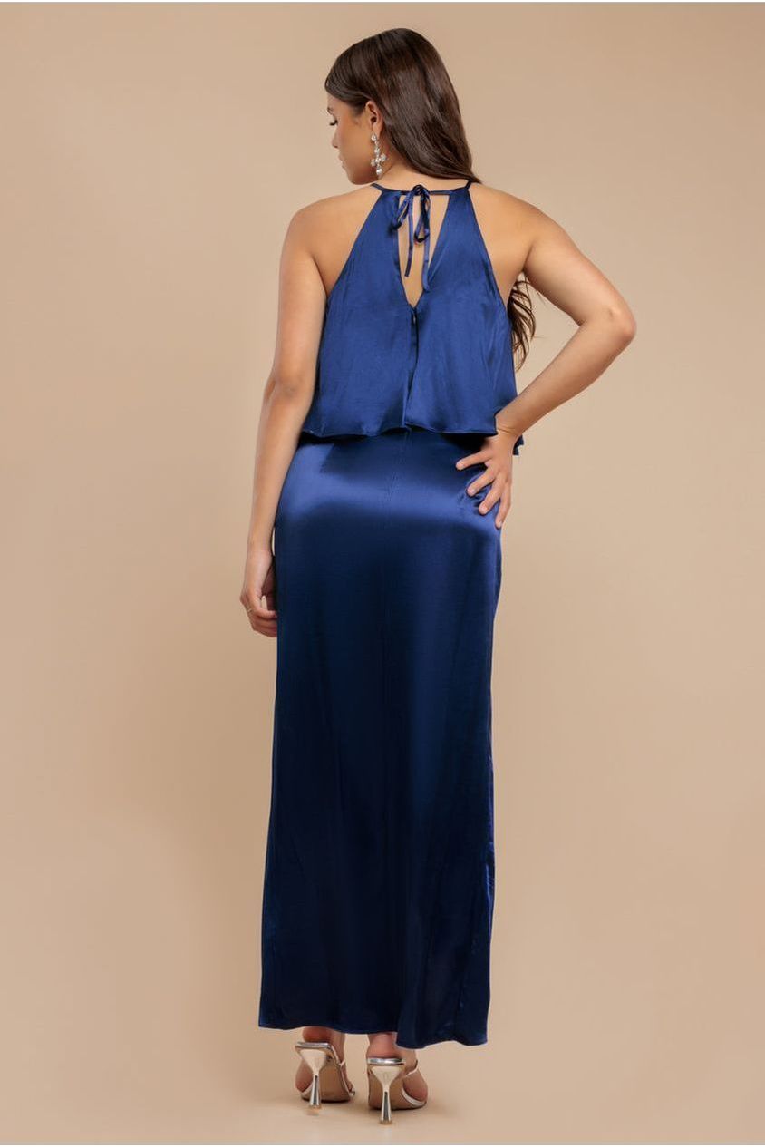 Satin Viscose Front Wrap Midaxi Dress - Navy DR4002