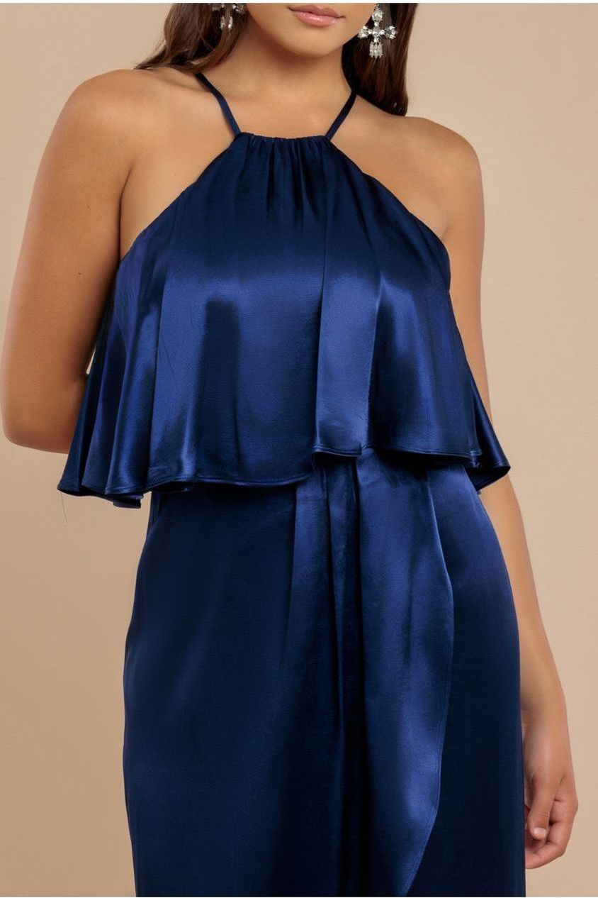 Satin Viscose Front Wrap Midaxi Dress - Navy DR4002