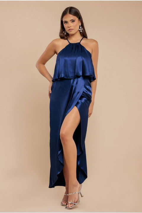 Satin Viscose Front Wrap Midaxi Dress - Navy by Goddiva