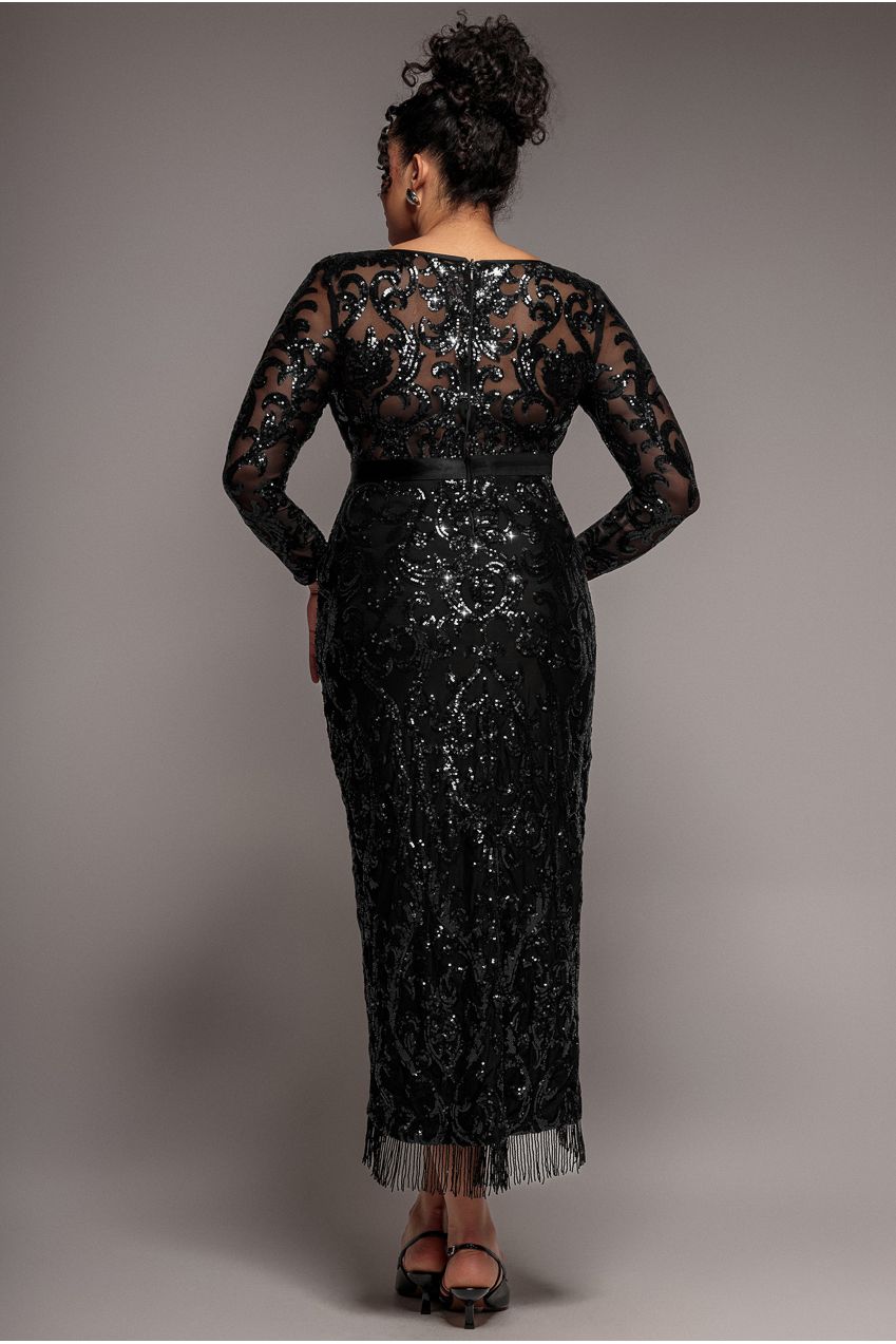 Tassel & Sequin Midaxi With Front Split - Black DR4006PLUS