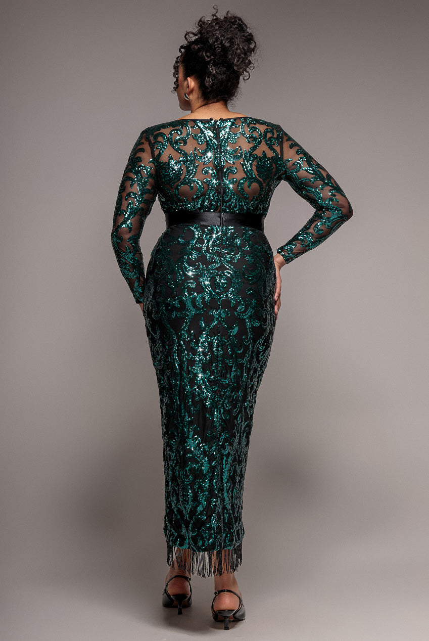 Tassel & Sequin Midaxi With Front Split - Emerald Green DR4006PLUS