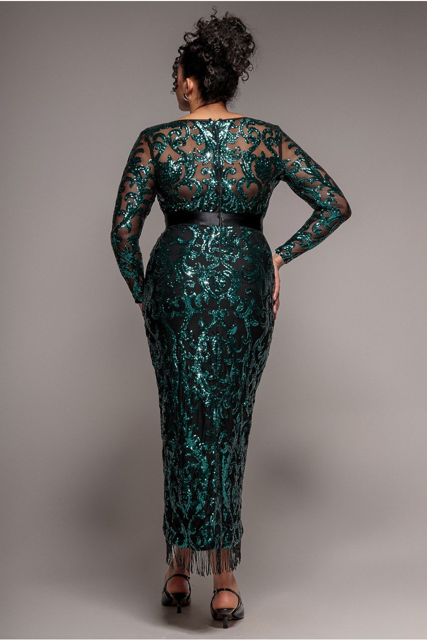 Tassel & Sequin Midaxi With Front Split - Emerald Green DR4006PLUS