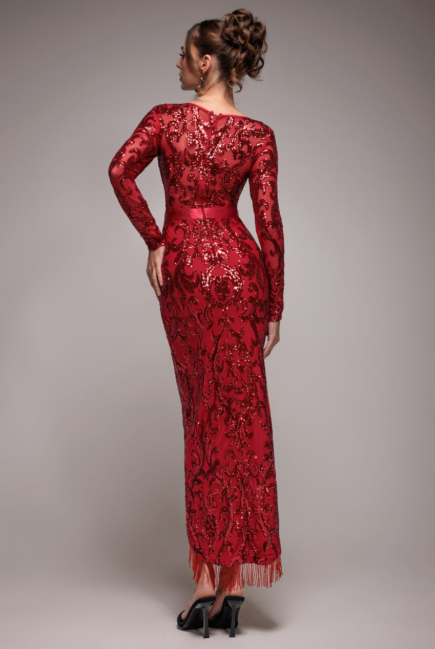 Tassel & Sequin Midaxi With Front Split - Red DR4006