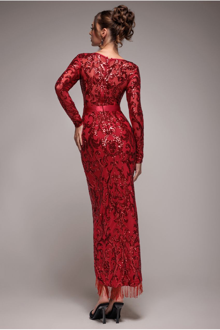 Tassel & Sequin Midaxi With Front Split - Red DR4006