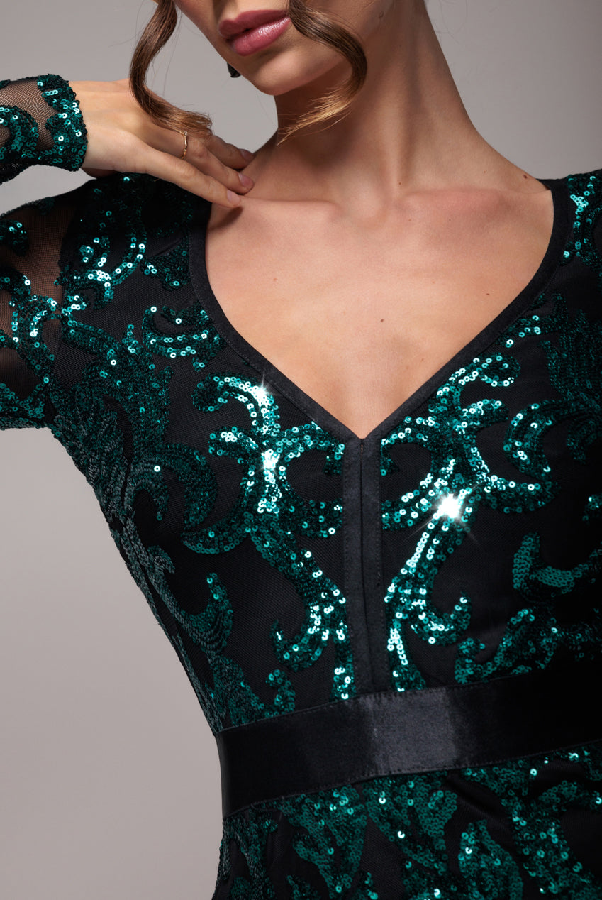 Tassel & Sequin Midaxi With Front Split - Emerald Green DR4006