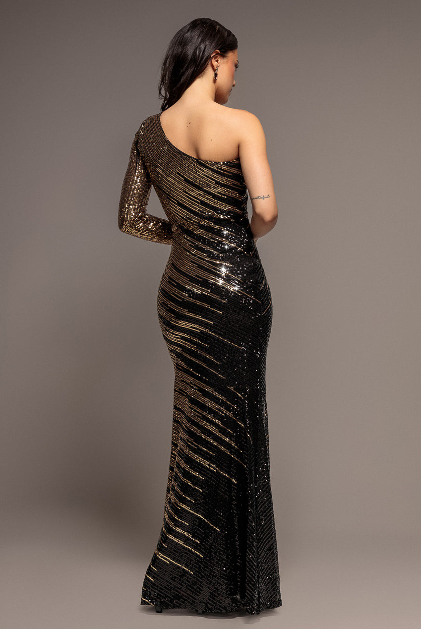 One Sleeve Diagonal Sequin Maxi - Gold DR4008