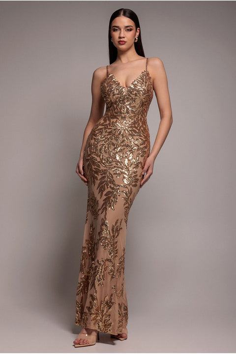 Cross Back Diamante Strap Sequin Maxi - Gold by Goddiva