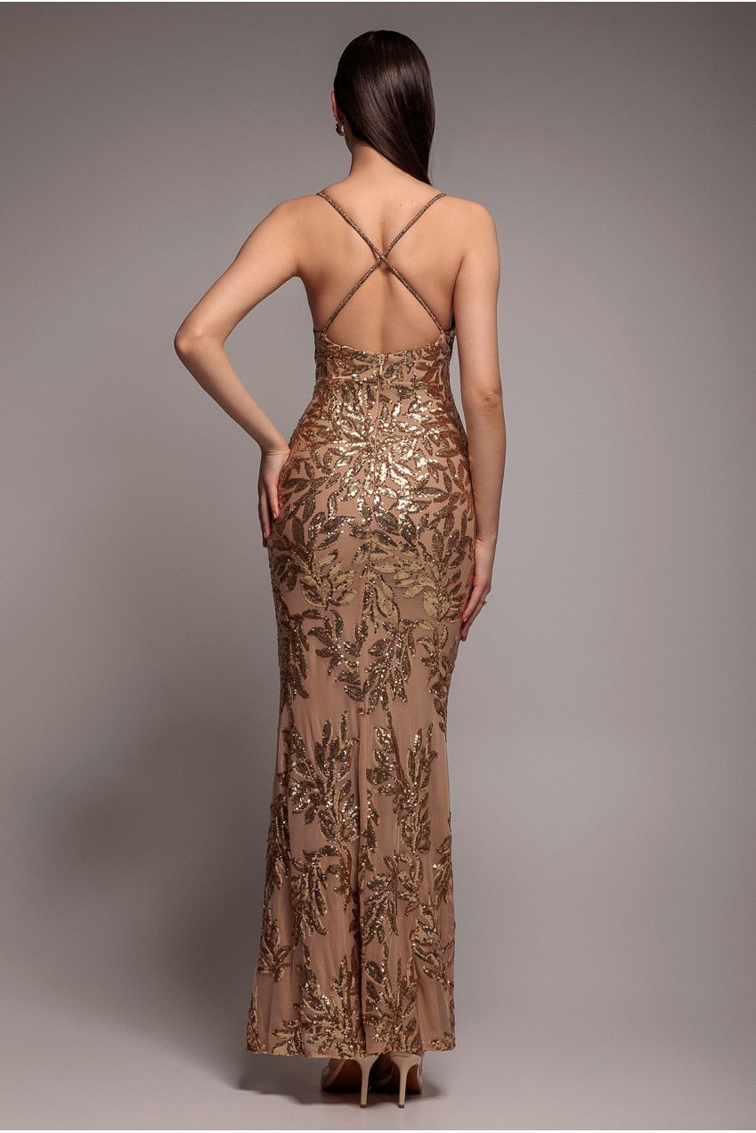 Cross Back Diamante Strap Sequin Maxi - Gold DR4009