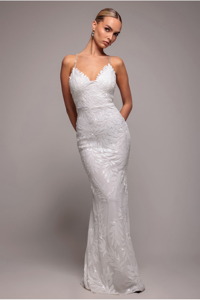 Cross Back Diamante Strap Sequin Maxi - White DR4009