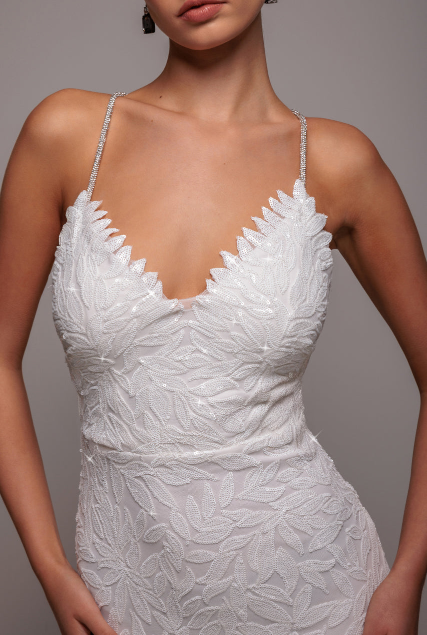 Cross Back Diamante Strap Sequin Maxi - White DR4009